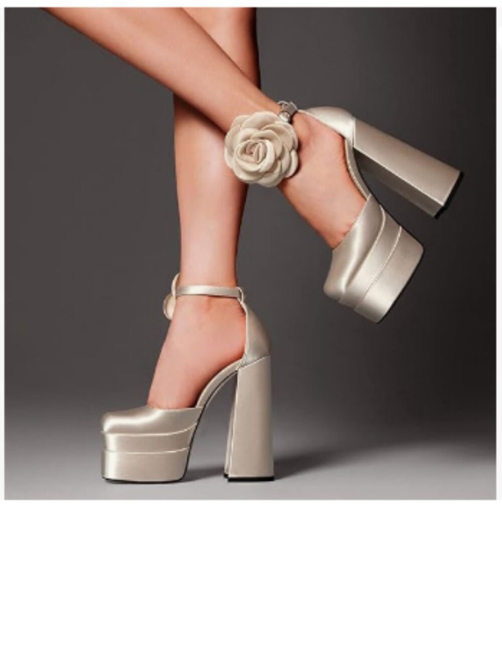 YDN Champagne Platform Square Toe Flower Block High Heels Ankle Strap Heel Pumps